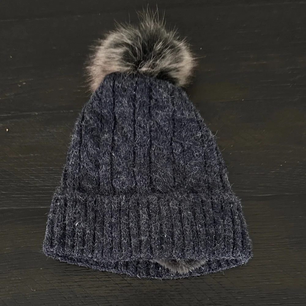 UGG Navy/Charcoal Knit Hat with Faux Fur Pom - Picture 2 of 3